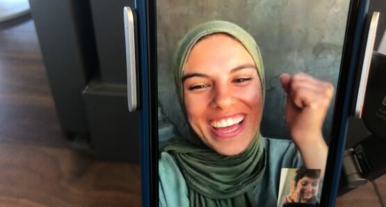 Fatma Hassona and Sepideh Farsi in a scene from PUT YOUR SOUL ON YOUR HAND AND WALK. A Kino Lorber release.